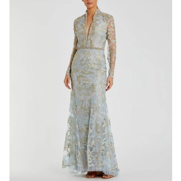 Mac Duggal 11165 Size 16 Light Blue Gold Long Sleeve Applique V-Neck Gown Dress - Picture 2 of 4